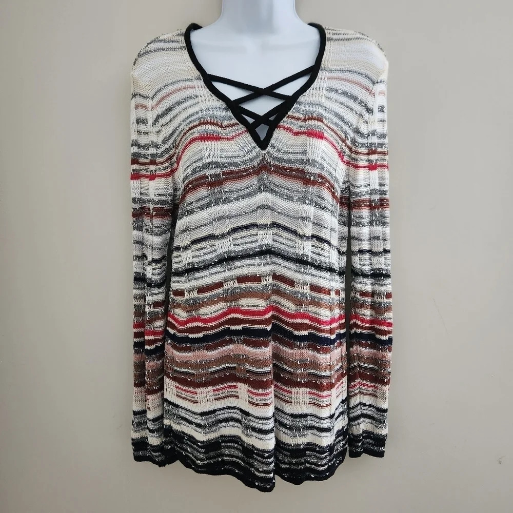 Nic+Zoe | Linen Blend V-neck Lightweight Textured Open Knit Sweater - Size M